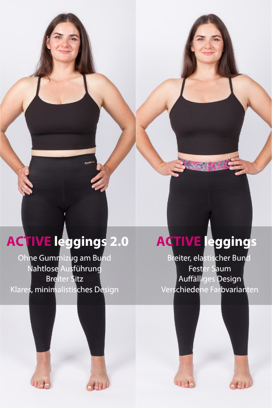 Seitliche Ansicht einer Frau in schwarzen ACTIVE leggings 2.0, die die flexible und nahtlose Bundausführung zeigt.