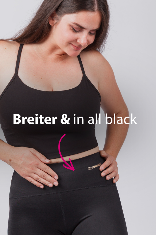 Vergleich der schwarzen ACTIVE leggings 2.0 mit anatomisch geformtem Bund und der klassischen ACTIVE leggings mit farbigem elastischem Bund.