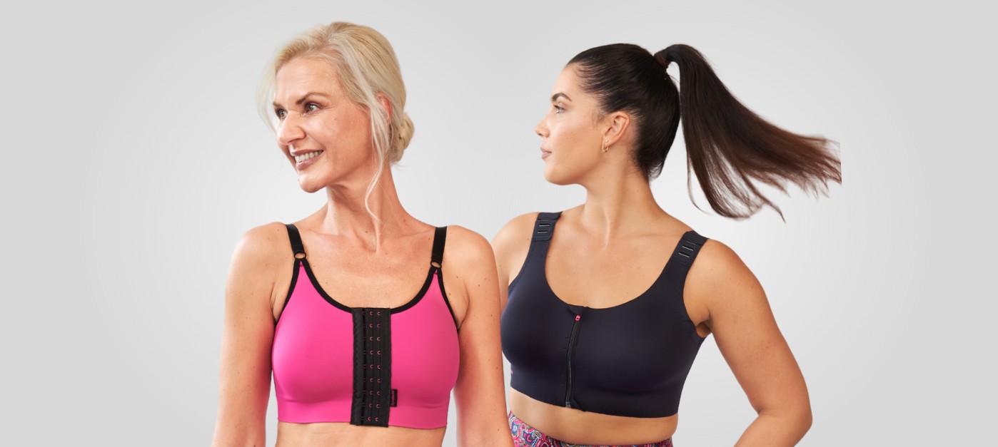 Zwei Frauen tragen postoperative Kompressions-BHs von LIPOELASTIC
