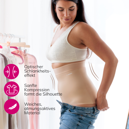 Frau trägt hautfarbene LIPOELASTIC Shapewear Unterhose mit hohem Bund – figurformender Slip für Bauch und Taille mit sanfter Kompression und glättender Wirkung