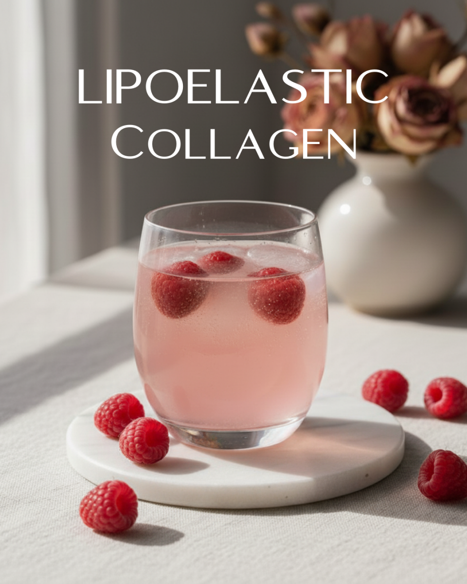 Premium-Kollagengetränk in Portionsbeuteln und in Wasser aufgelöst mit Himbeeren drapiert. 