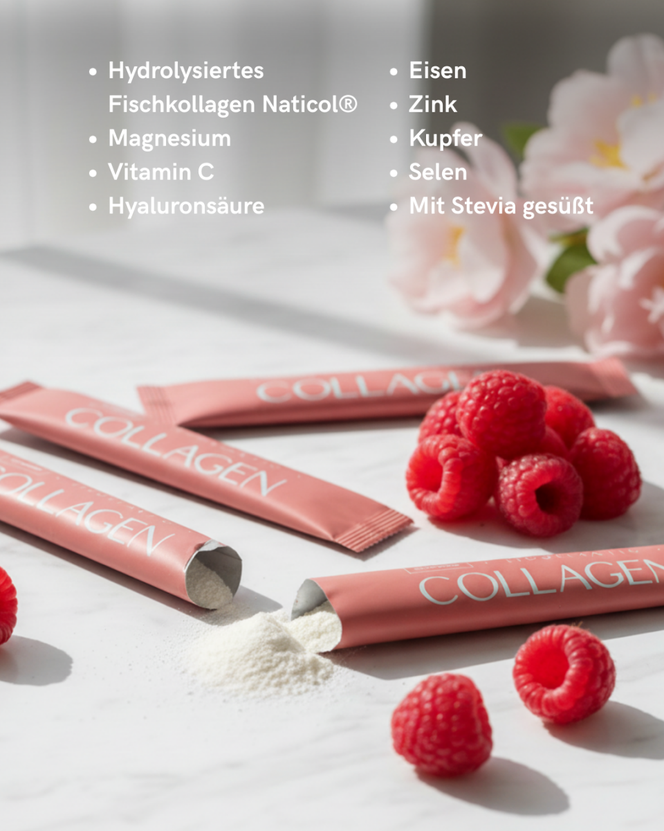 Premium-Kollagengetränk in Portionsbeuteln mit Himbeeren. 