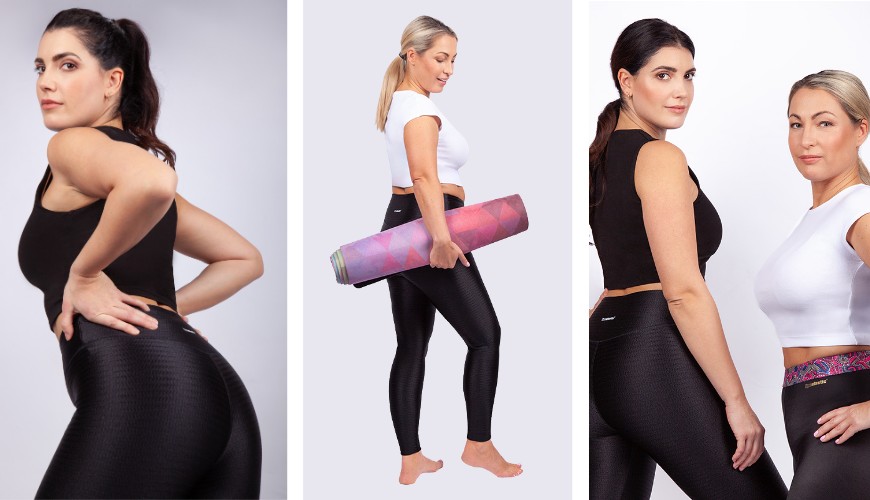 Frauen tragen die FLOW und ACTIVE leggings für Sport, Bewegung und Aktivität
