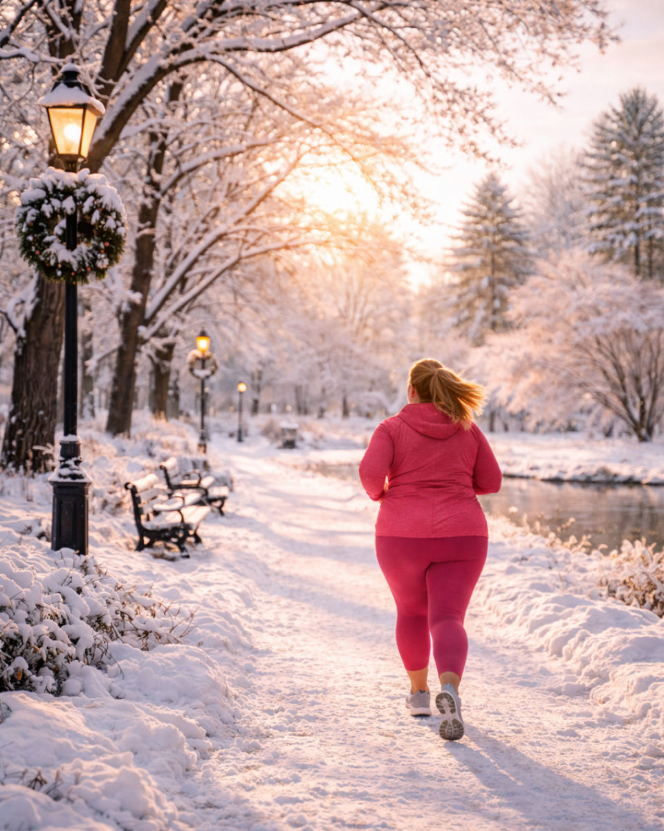 Eine Frau beim Joggen in verschneiter Landschaft, sie trägt die LIPOELASTIC ACTIVE leggings in Pink